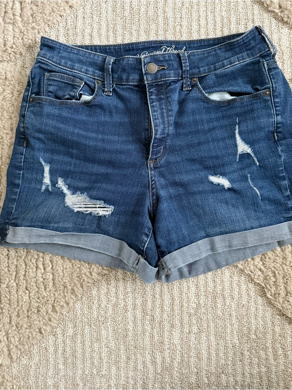 Universal Thread Women's Dark Blue Distressed Rolled-Hem Jean Shorts
